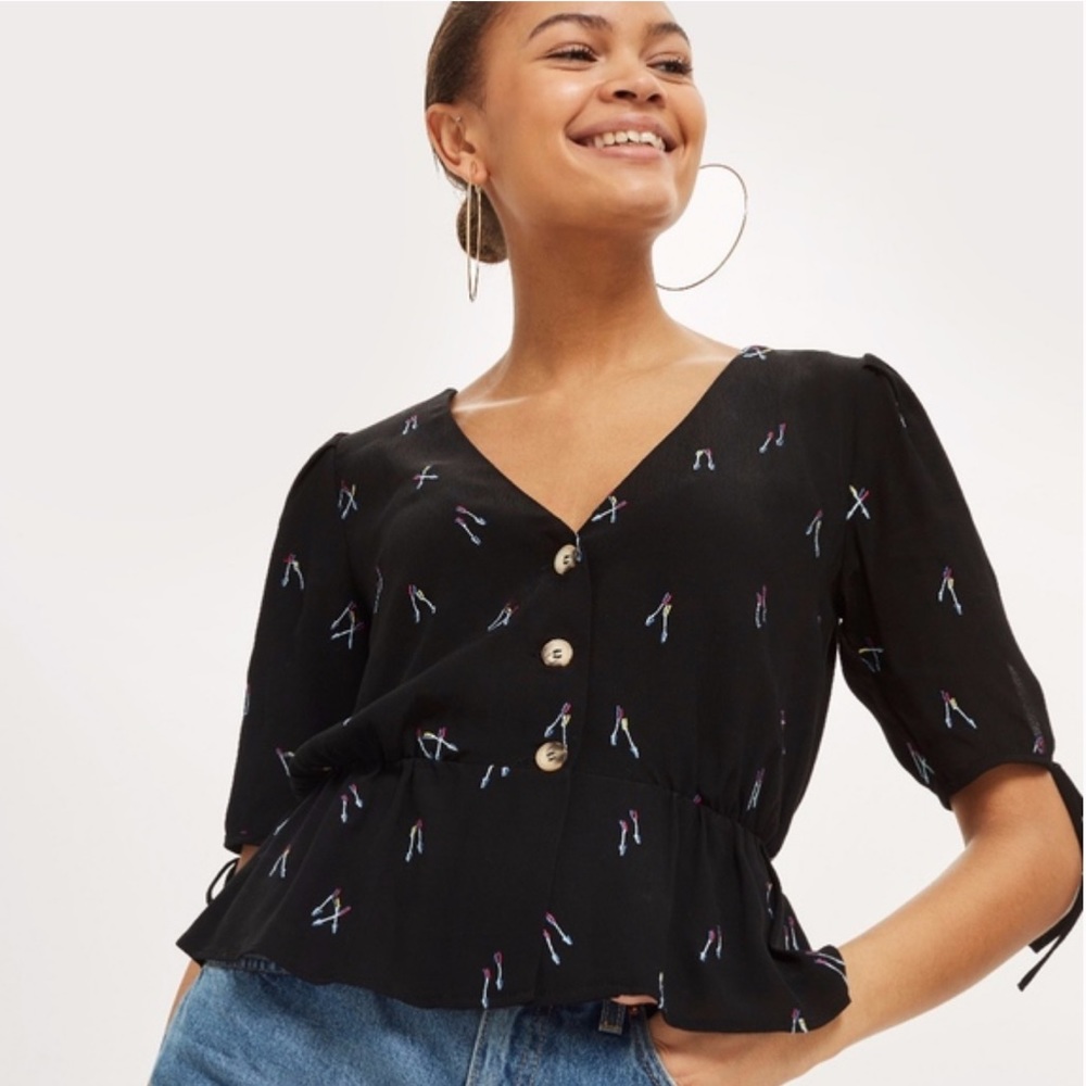 Topshop Arrow Embroidered Black Button Blouse Top
